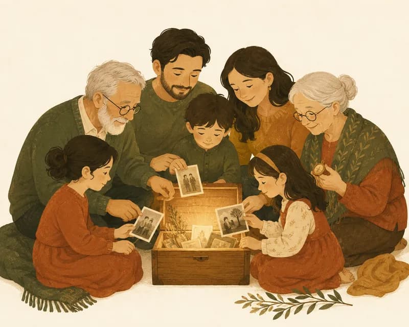 A family gathered around a table, looking through photographs