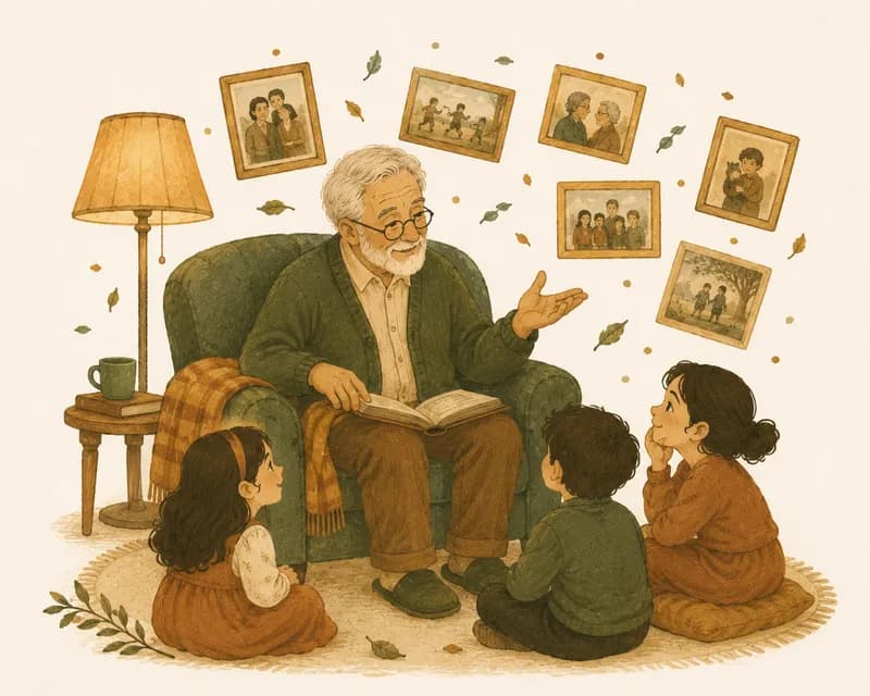 An older person and a child talking on a sofa